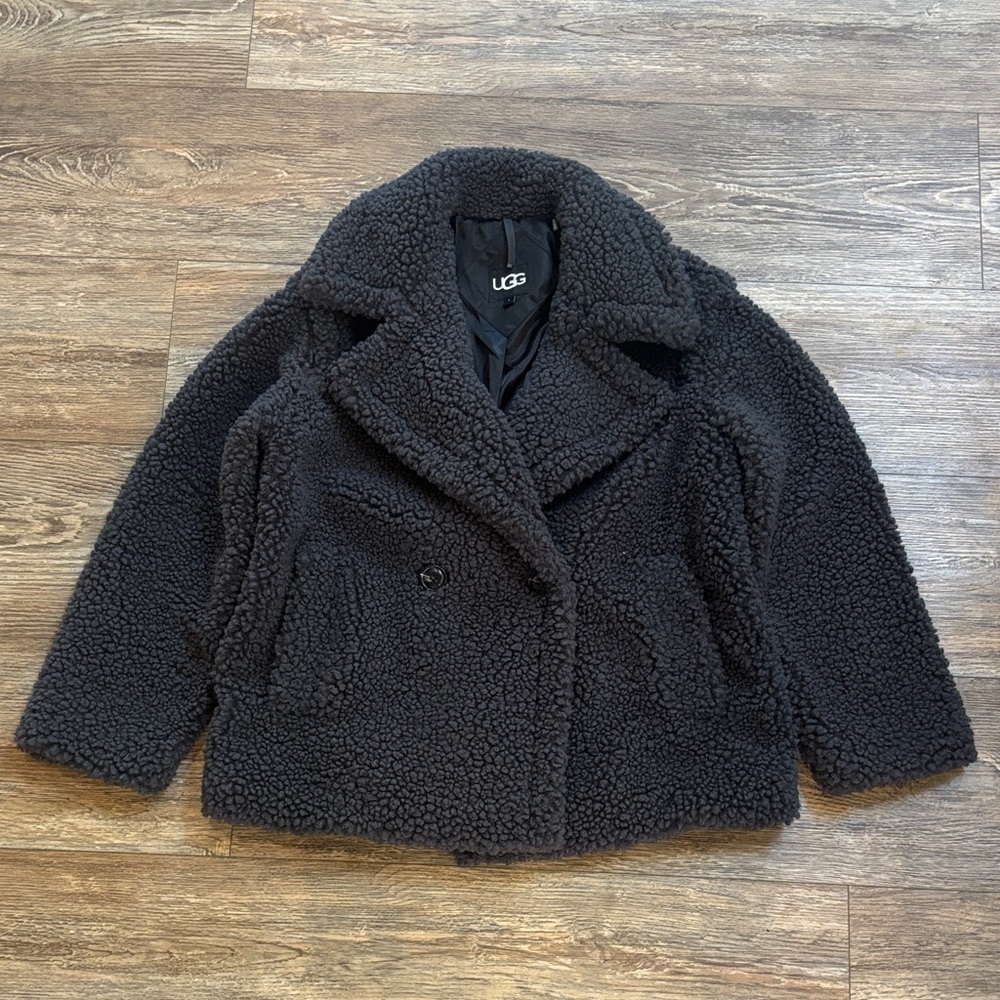 UGG Gertrude Short Teddy Sherpa Oversized Coat Charcoal Ink Women's Large XL EUC